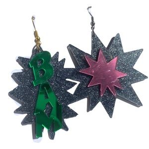 Bam pow BAM comic heros fighter earrings mirror spike superhero wonder